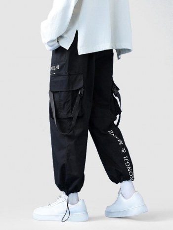 3d Pocket Letter Print Drawstring Cargo Beam Feet Pants