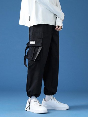 3d Pocket Letter Print Drawstring Cargo Beam Feet Pants