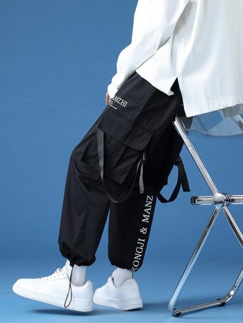 3d Pocket Letter Print Drawstring Cargo Beam Feet Pants