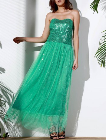 Alluring Strapless Sleeveless Sequined Spliced Sparkly Maxi Dress