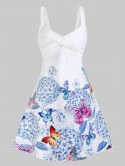 Butterfly And Flower Print Sleeveless Crossover Dress