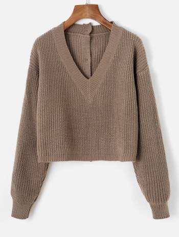 Button Up Back V Neck Cropped Sweater