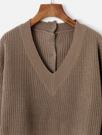 Button Up Back V Neck Cropped Sweater