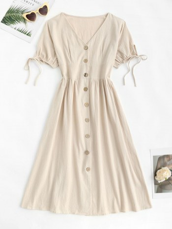 Button Up Bowknot Cuff Midi Dress