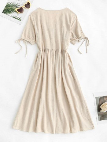 Button Up Bowknot Cuff Midi Dress