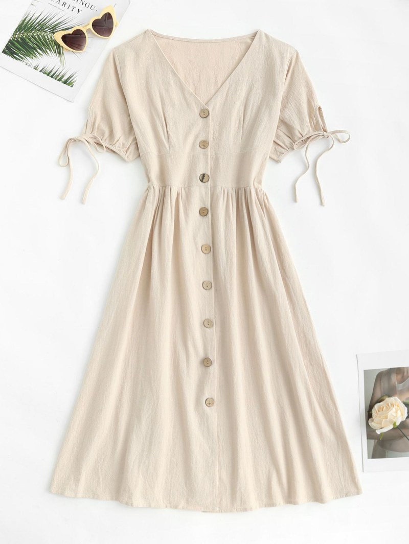 Button Up Bowknot Cuff Midi Dress