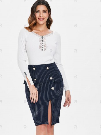 Buttons Lace Trim Raglan Sleeve Knitwear