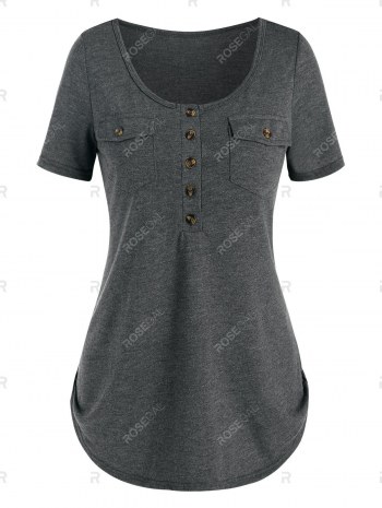 Buttons Pockets Casual Solid T Shirt