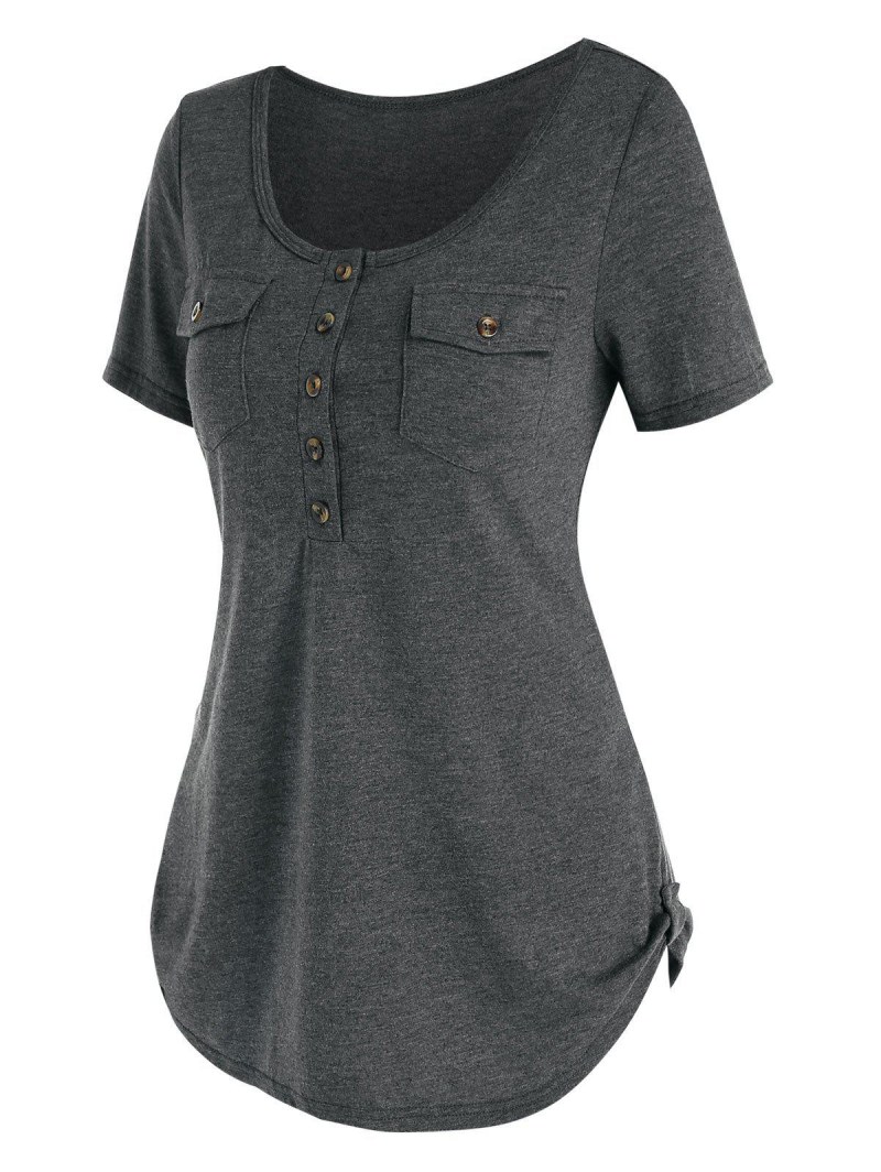 Buttons Pockets Casual Solid T Shirt