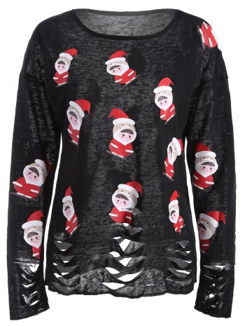 Cartoon Santa Print Hollow Out Knitwear