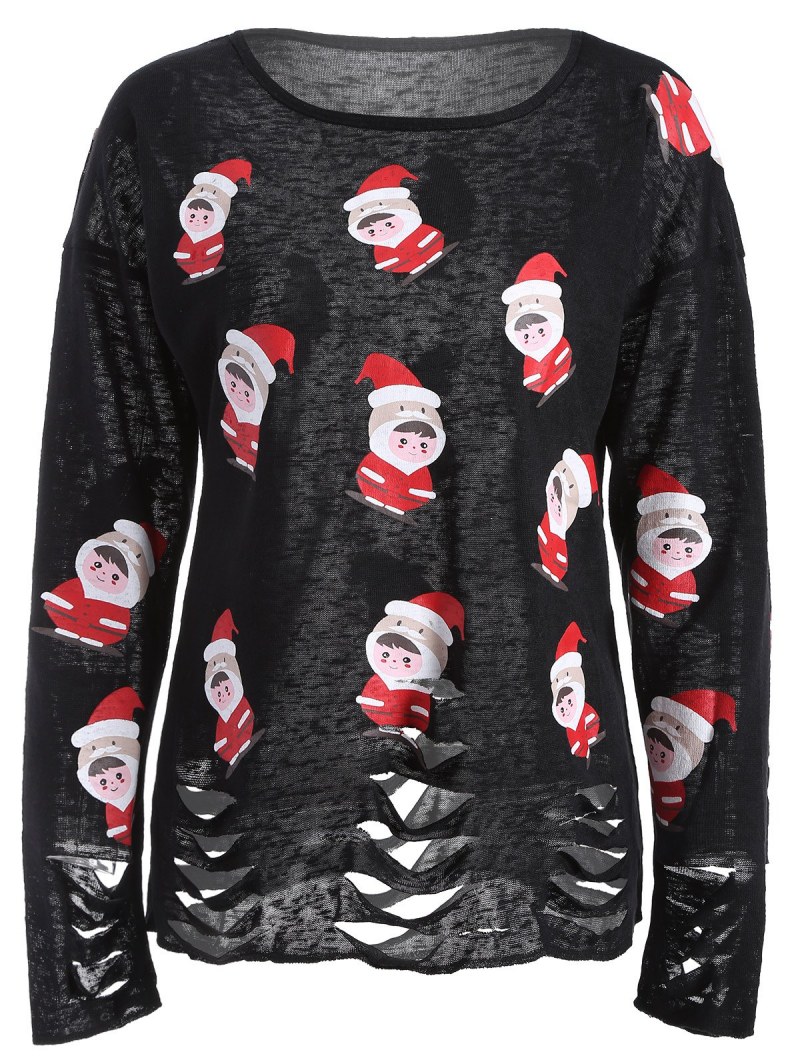 Cartoon Santa Print Hollow Out Knitwear