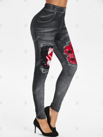 Christmas 3d Destroyed Jean Print Santa Claus Jeggings