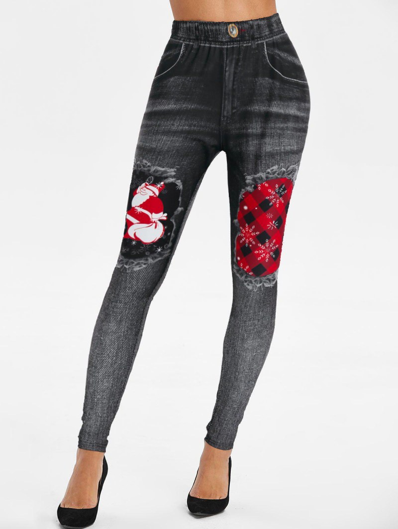 Christmas 3d Destroyed Jean Print Santa Claus Jeggings
