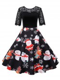 Christmas Elk Santa Claus Lace Yoke Half Sleeve Dress