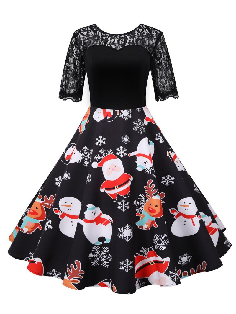 Christmas Elk Santa Claus Lace Yoke Half Sleeve Dress