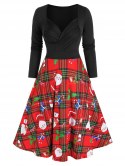 Christmas Santa Claus Plaid Print Long Sleeve Dress