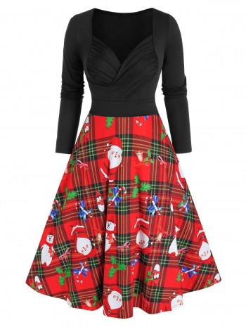 Christmas Santa Claus Plaid Print Long Sleeve Dress