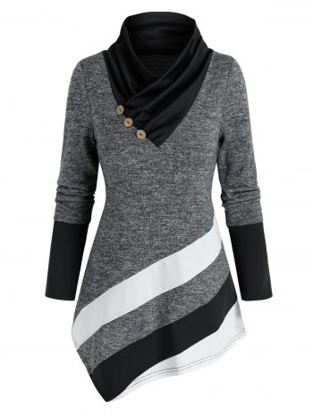 Colorblock Shawl Collar Asymmetric T Shirt