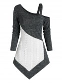 Colorblock Skew Collar Braided Asymmetric Sweater