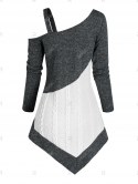 Colorblock Skew Collar Braided Asymmetric Sweater