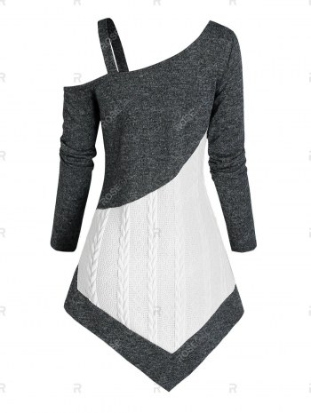 Colorblock Skew Collar Braided Asymmetric Sweater