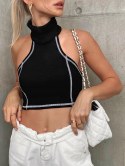 Contrast Stitching Ribbed Open Back Crop Top