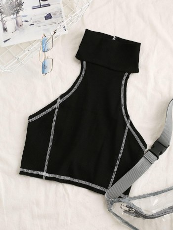 Contrast Stitching Ribbed Open Back Crop Top