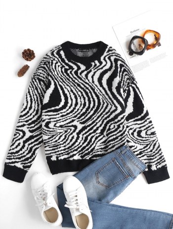 Crew Neck Drop Shoulder Swirling Print Sweater