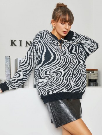 Crew Neck Drop Shoulder Swirling Print Sweater