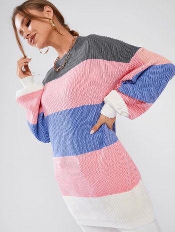 Crewneck Colorblock Long Tunic Sweater