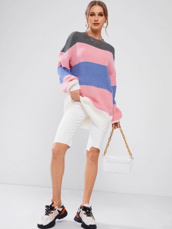 Crewneck Colorblock Long Tunic Sweater