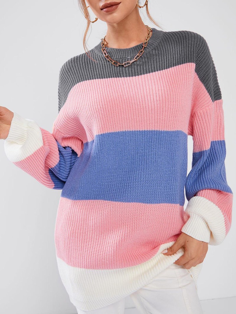 Crewneck Colorblock Long Tunic Sweater