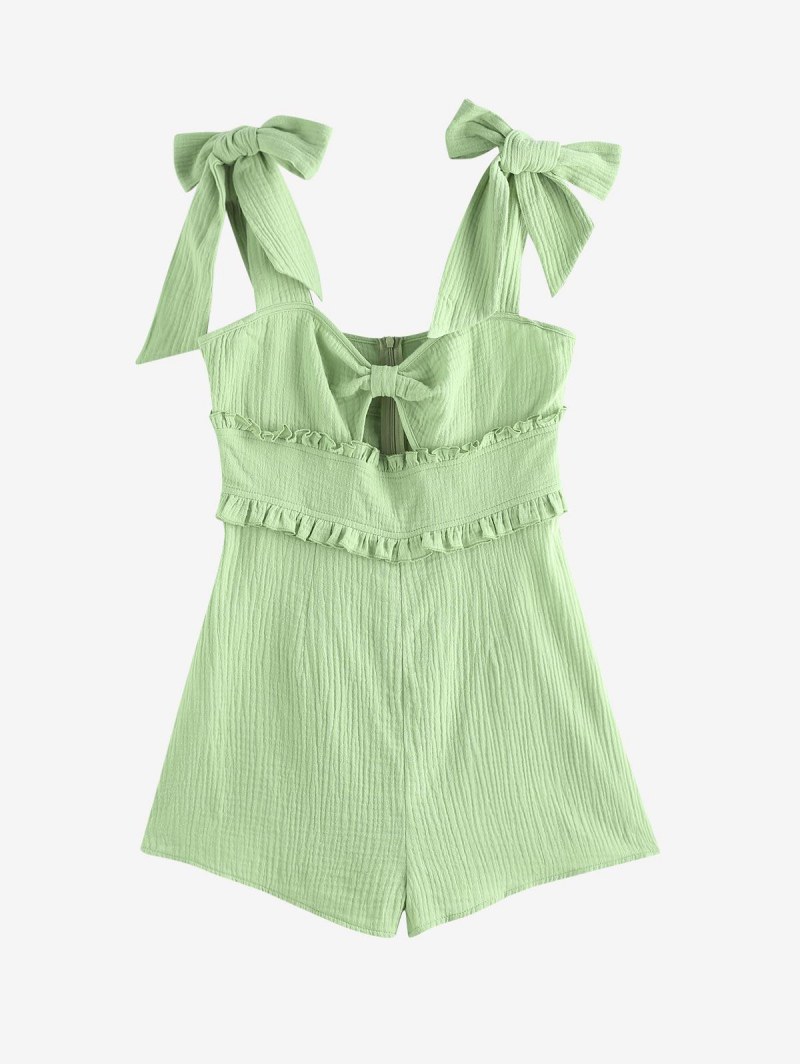 Crinkle Tie Shoulder Ruffle Bowknot Keyhole Romper
