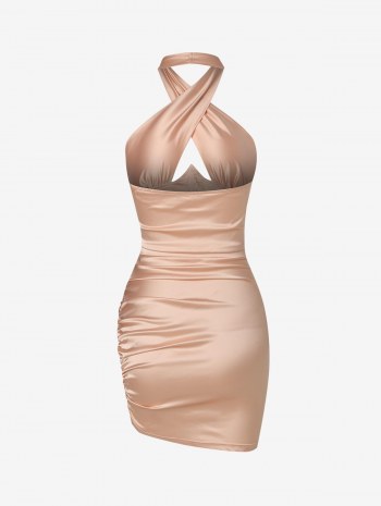 Criss Cross Halter Rhinestones Ruched Corset-style Dress