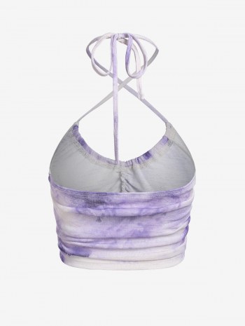 Criss Cross Halter Ruched Tie Dye Crop Top