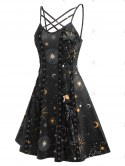 Crisscross Lace Up Sun And Moon Print Dress