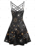 Crisscross Lace Up Sun And Moon Print Dress