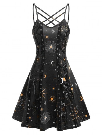 Crisscross Lace Up Sun And Moon Print Dress