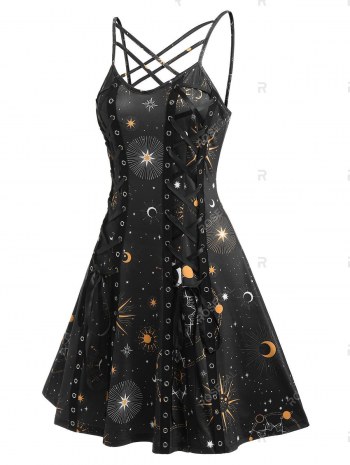 Crisscross Lace Up Sun And Moon Print Dress