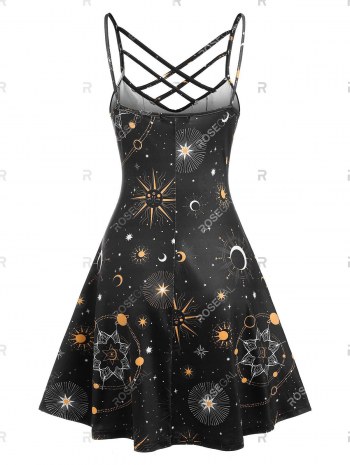 Crisscross Lace Up Sun And Moon Print Dress