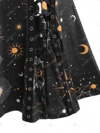 Crisscross Lace Up Sun And Moon Print Dress