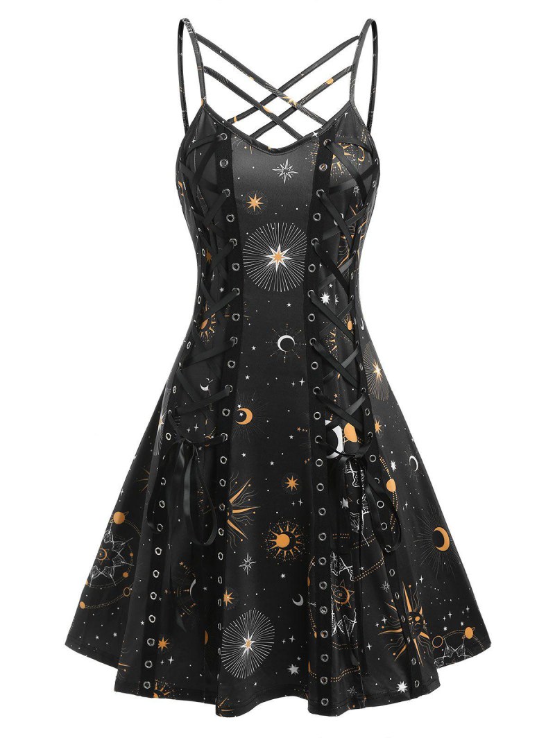 Crisscross Lace Up Sun And Moon Print Dress