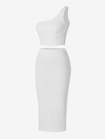 Cropped One Shoulder Top And Back Slit Skirt Set