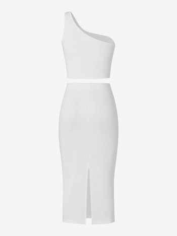 Cropped One Shoulder Top And Back Slit Skirt Set