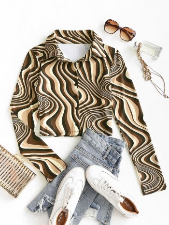 Cropped Swirls Print Button Up Shirt