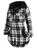 Double Zipper Plaid Pocket Hooded Shirt Jacket