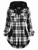 Double Zipper Plaid Pocket Hooded Shirt Jacket