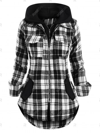 Double Zipper Plaid Pocket Hooded Shirt Jacket