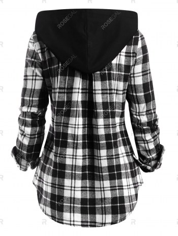 Double Zipper Plaid Pocket Hooded Shirt Jacket
