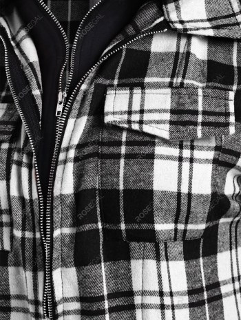 Double Zipper Plaid Pocket Hooded Shirt Jacket